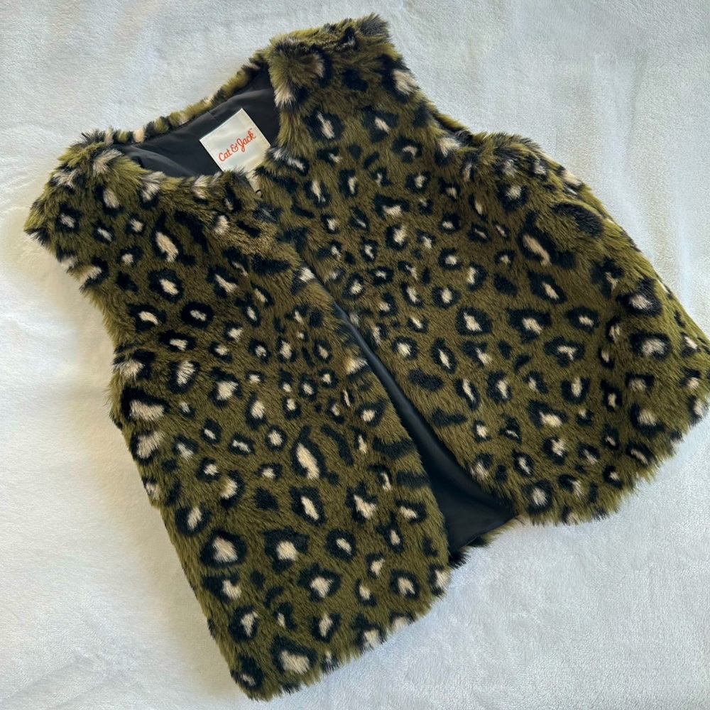 Girls Leopard Animal Print Olive Green Faux Fur Vest
